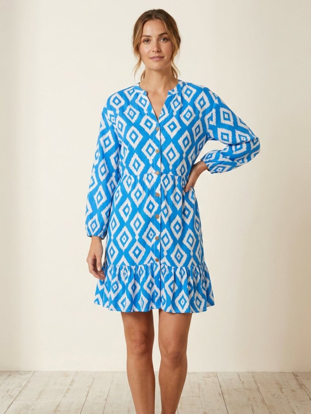 Salty Lemon Ikat Print Button Front Mini Dress Blue White Long Sleeve L NWT